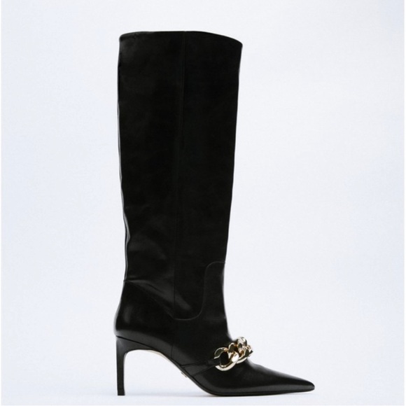 Zara Heeled Leather Knee High Boots With Chain Detail - Picture 5 of 16